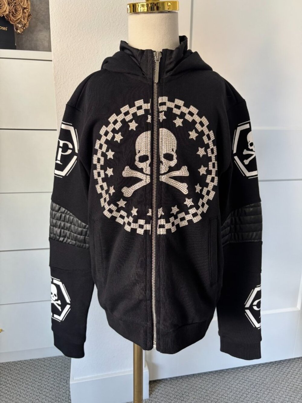 Phillip Plein Black Full Zip Hoodie Rhinestone Skull Hexagon Junior Size 8-9